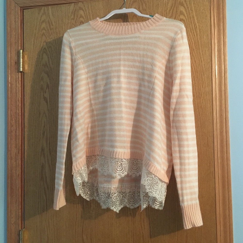 Peach and White striped sweater with lace detail